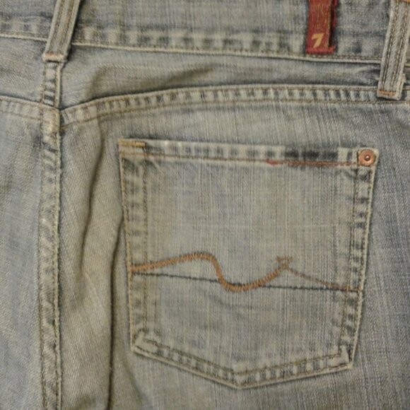 7 For All Mankind Size 30 x 32 Jeans Mens Bootcut Blue Denim Distressed - Picture 5 of 8